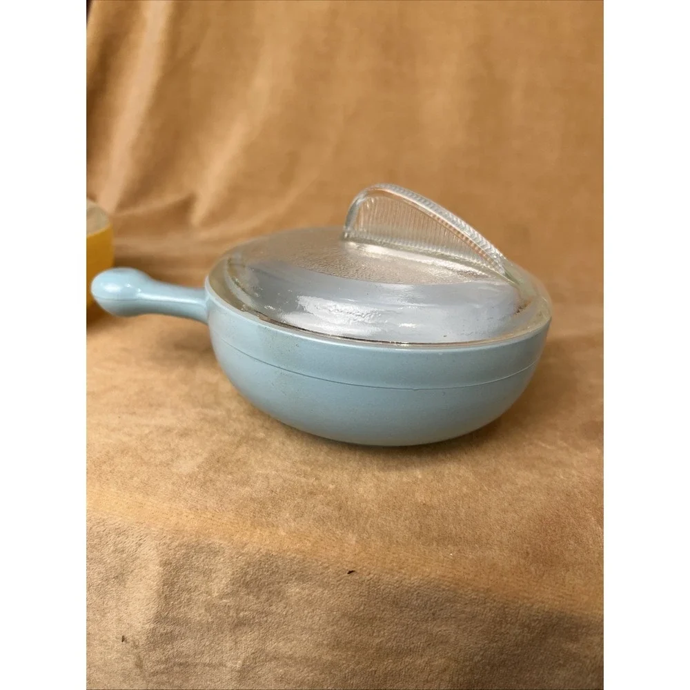 GLASBAKE GLASS CASSEROLE BOWL SET OF 4 W/ 3 LIDS VINTAGE 1950's MCM